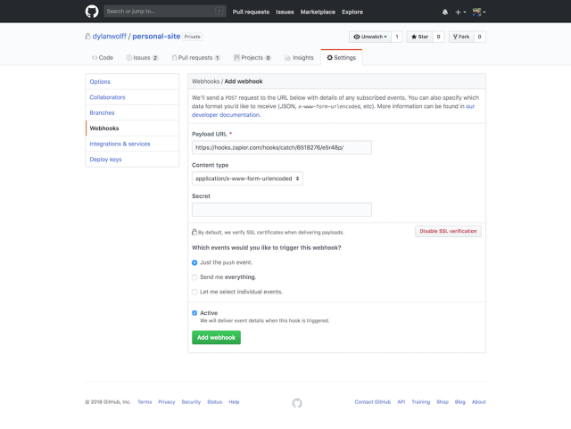 GitHub webhook configuration